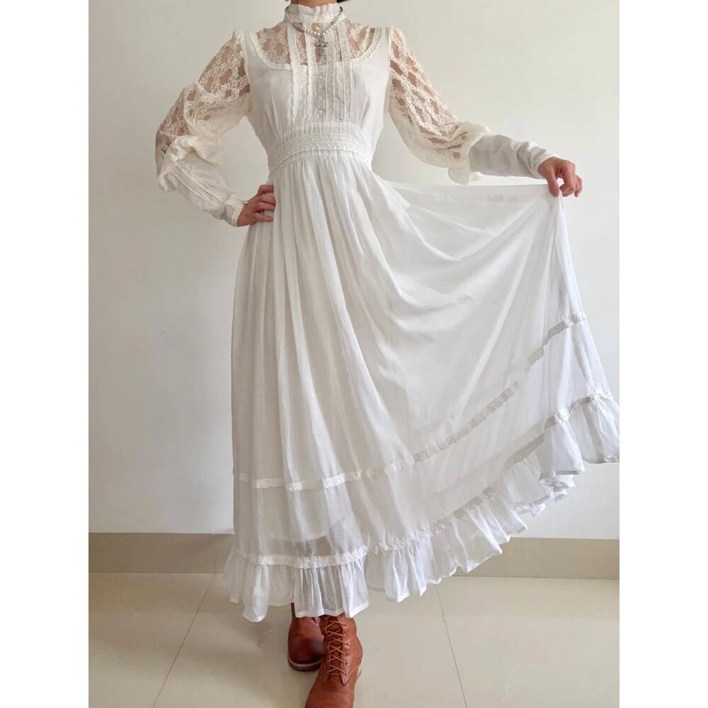 1970s Gunne Sax Victorian Lace Wedding Dress | White Prairie Maxi Dress - Picture 5 of 12
